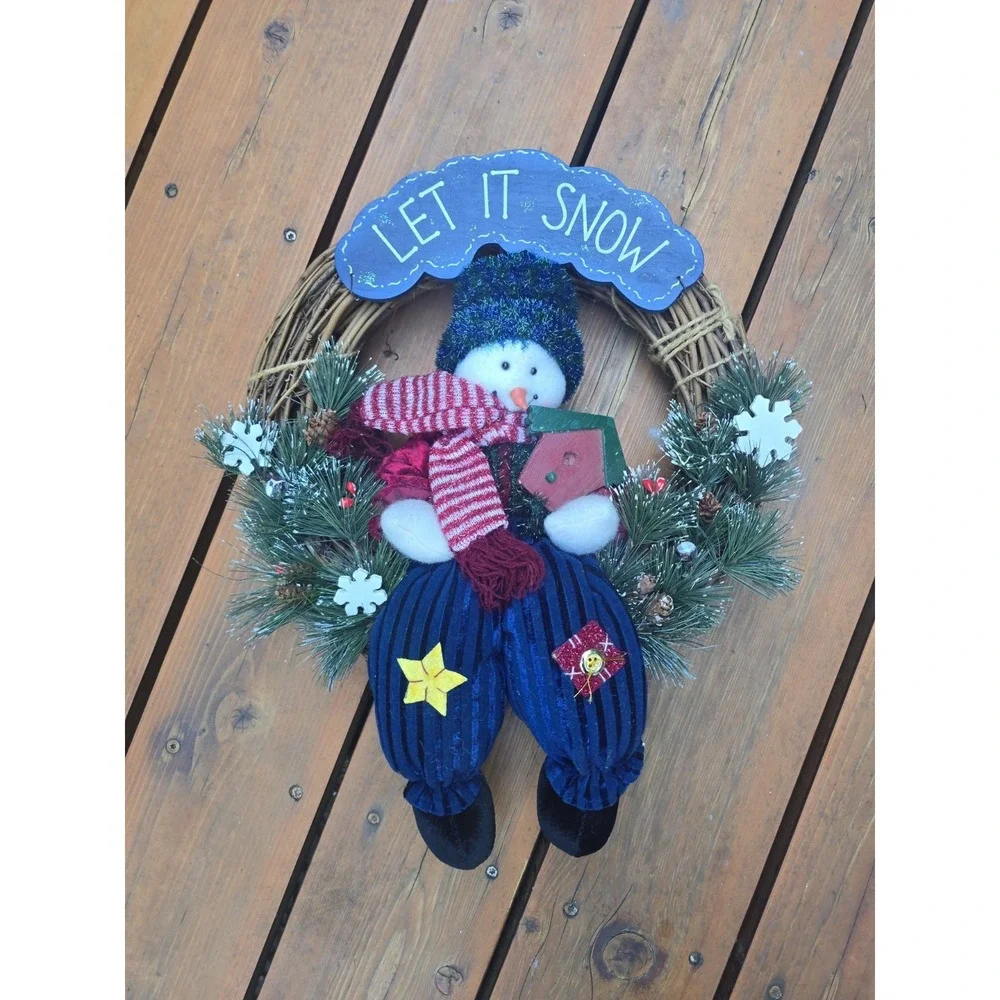 Let It Snow Snowman Grapevine Wreath Christmas Holiday Front Door Decor 16